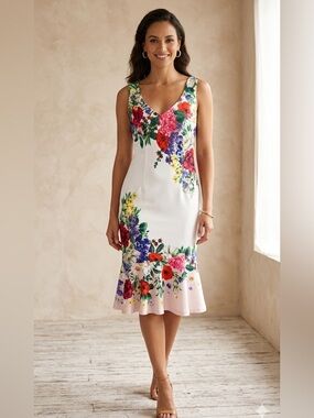 VENUS White Midi Dress with Multicolor Floral Print